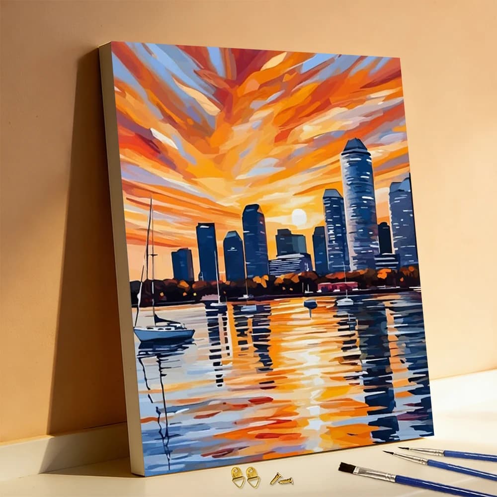 Digital Oil Painting City Scenery DIY Painting By Numbers Sunset Reflection Acrylic Paint Sea Harbor Landscape Home Decor
