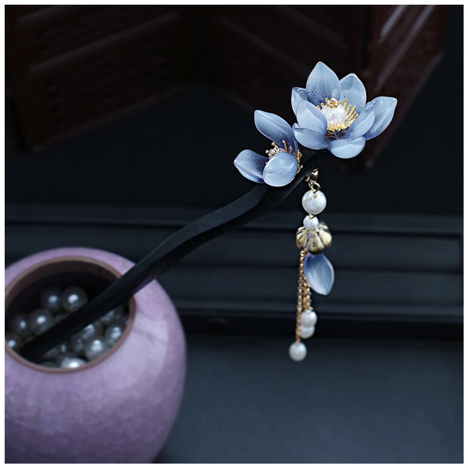 Hair Forks with Blue Flower Hair Forks with Vintage Pearl tassel for Women Wedding Hair Accessories Hanfu Chinese Fairy Wood Copricapo