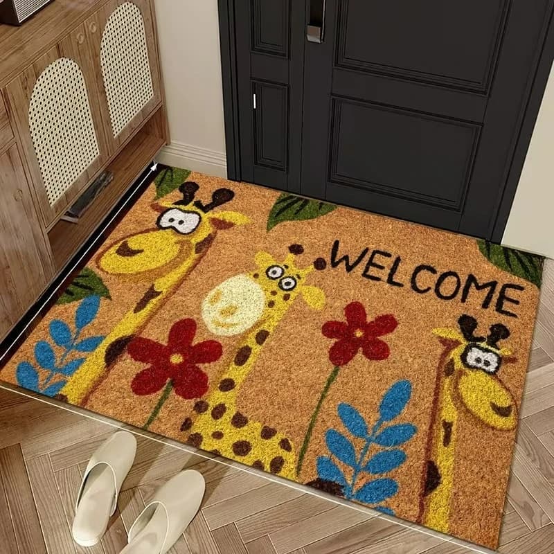 Sweet "Welcome Home" Fawn & Floral Printed Rug, Charming Deer with Flowers Design, Non-Slip Indoor Outdoor Entryway Mat 2D Flat