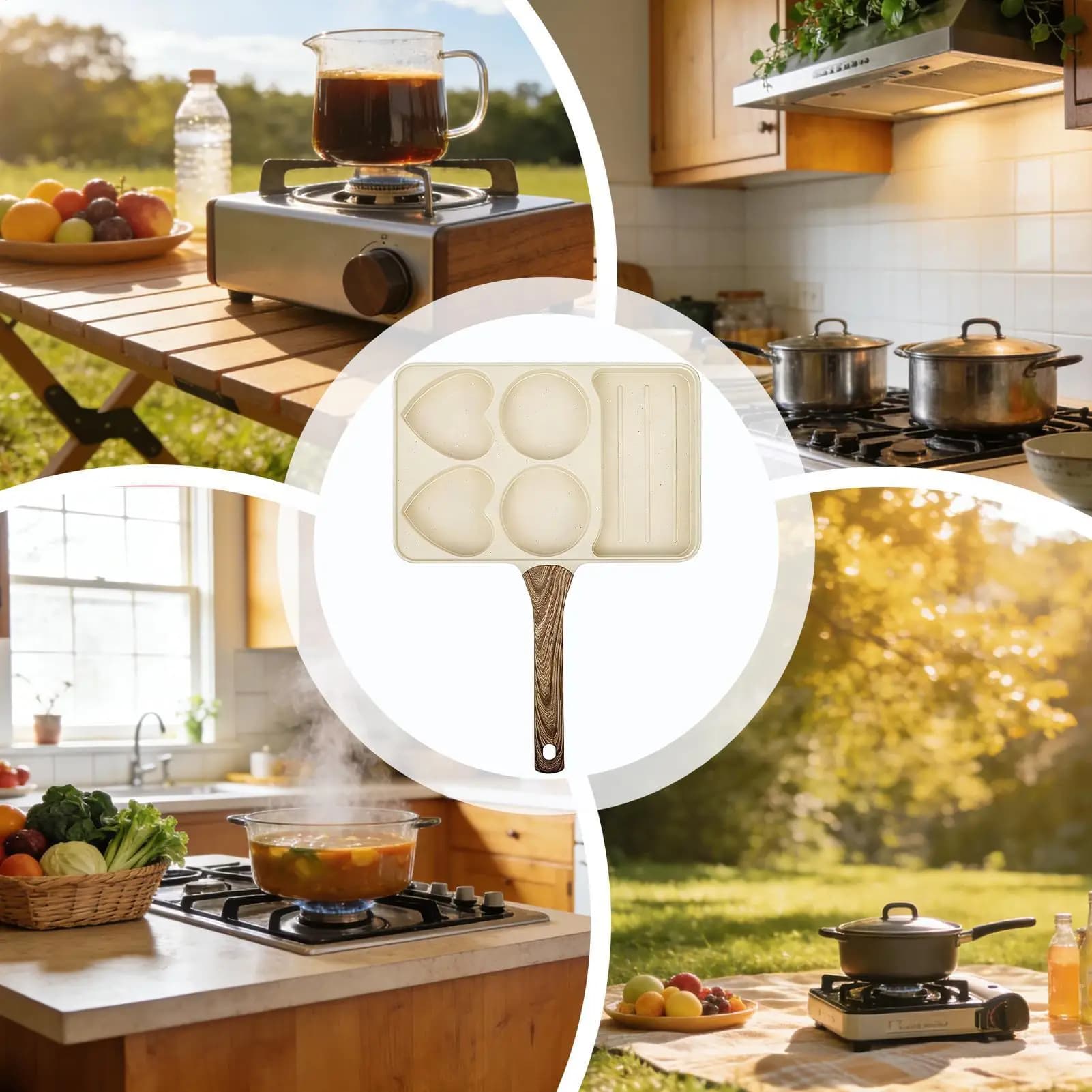 Anti-adhesive pan with 4 compartments Multi-purpose for Breakfast, Easy to Clean, with Ergonomic Handle in Wood, Kitchen Tools