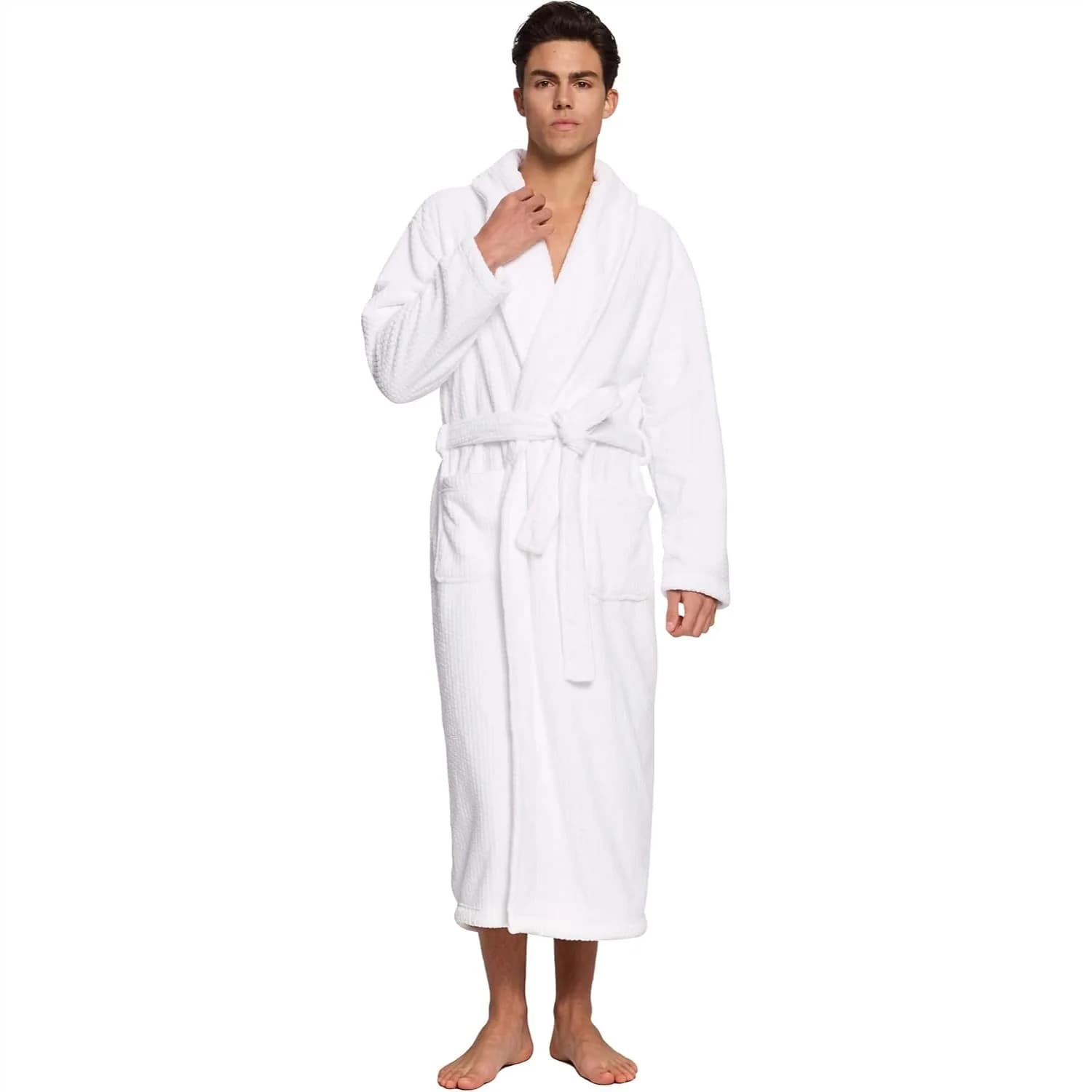 Men's Shawl Collar Bathrobe Super Absorbent Quick Dry Long Towel Robe with Pockets