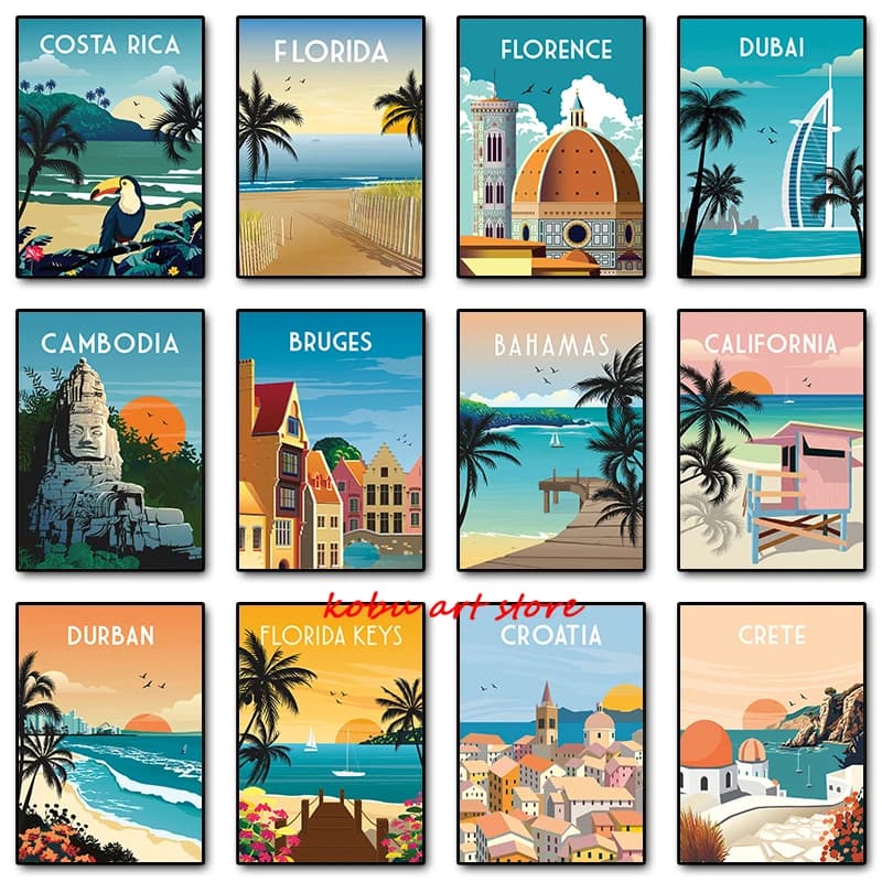 Travel Illustrated Canvas Painting Crete Croatia Dubai Florence Scenery Posters Prints Wall Art Picture Living Room Home Decor