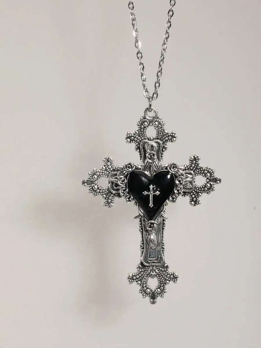 Gothic Vintage Thorn Rose Cross Heart Pendant Necklace Stainless Steel Chain Halloween Gift