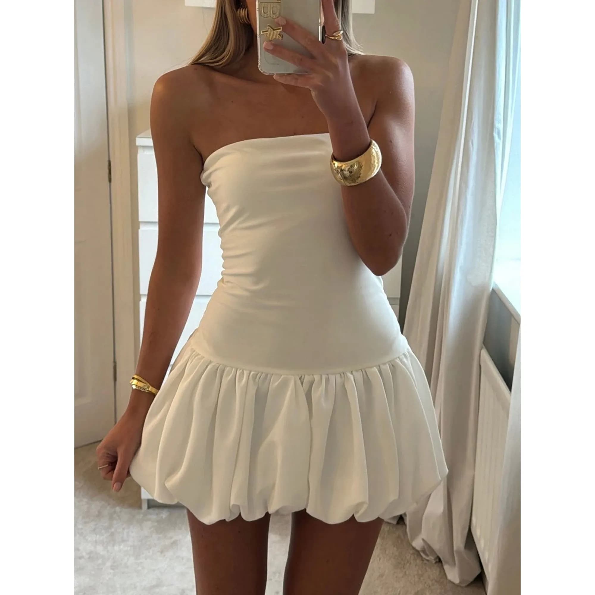 Women's Strapless Bubble Dress Backless Sve 2024 Elegant Fashionable Ladies' Dress All Seasons Other Material 100%