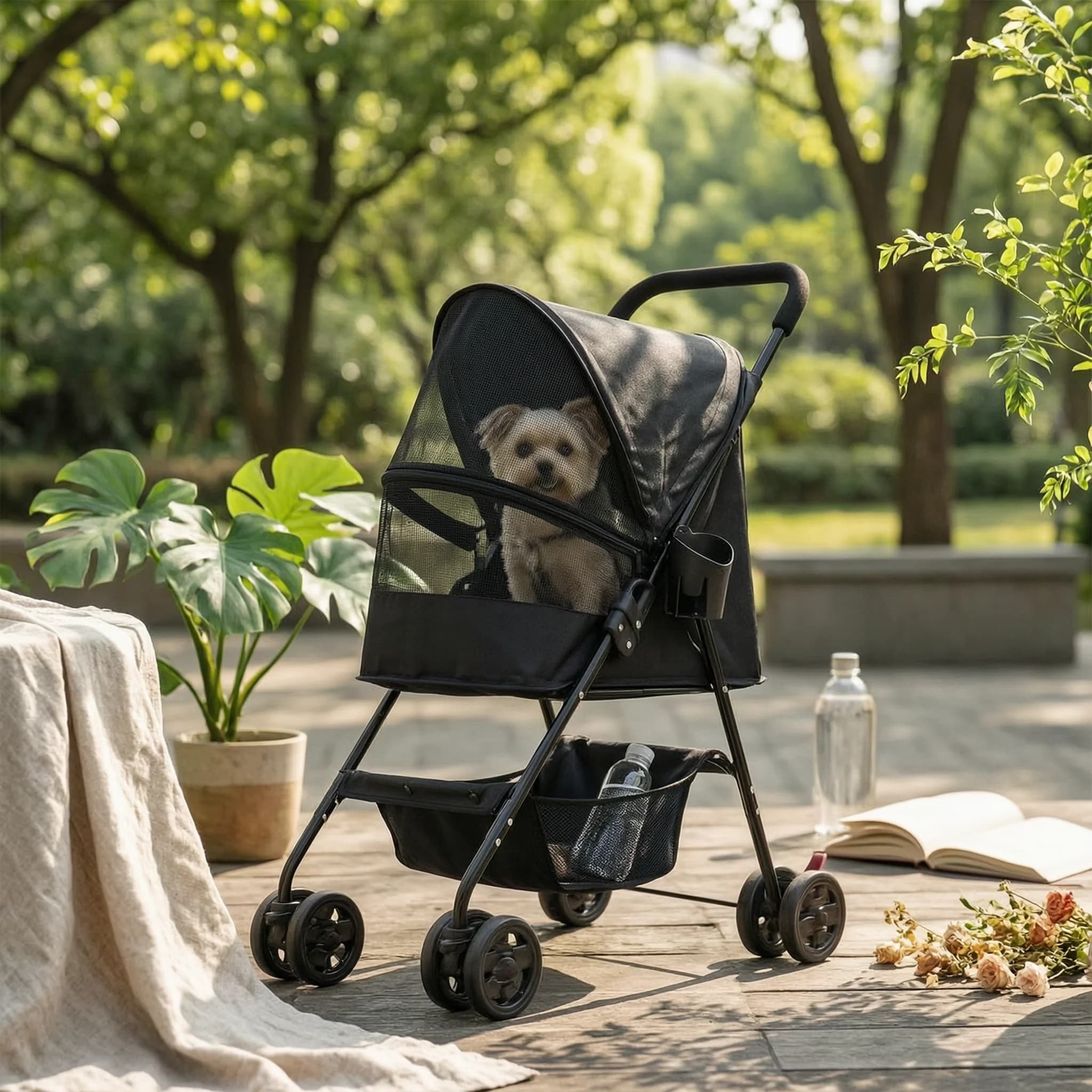 Pet Stroller with Cup Holder Foldable Pet Stroller with Storage Basket Compact Smooth-Rolling for Small Dogs, Outdoor Walks