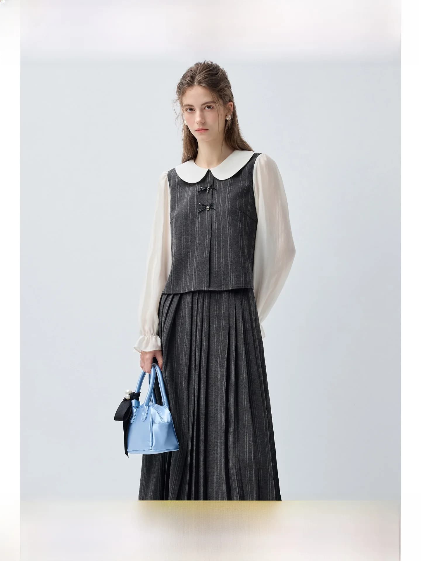 Set Top a Righe con Colletto a Bambola e Gonna a Vita Alta per Donne Taglie Forti, Nuovo Stile Primaverile