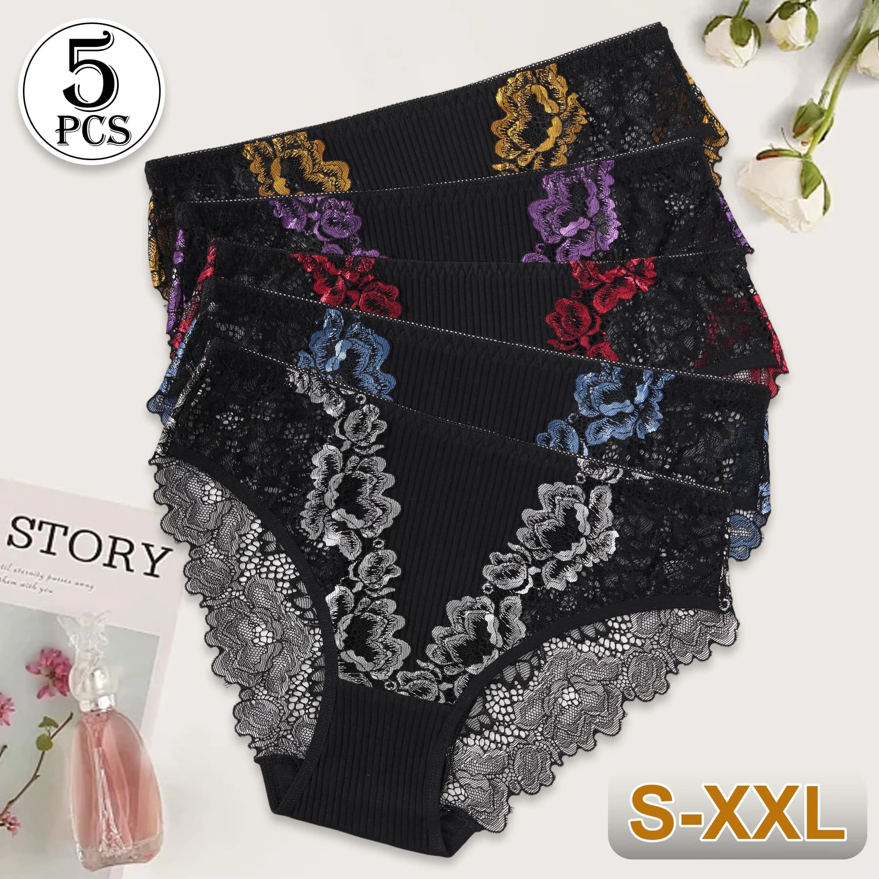 5PCS New Contrast Lace Panties Women Striped Cotton Breathable Underwear Elegant Lace Floral Sexy Briefs Mid-Rise Lingerie