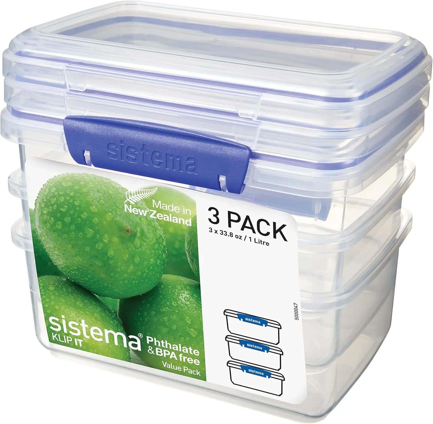 Contenitori rettangolari per alimenti, 33,8 oz, set da 3, trasparenti/blu, senza BPA