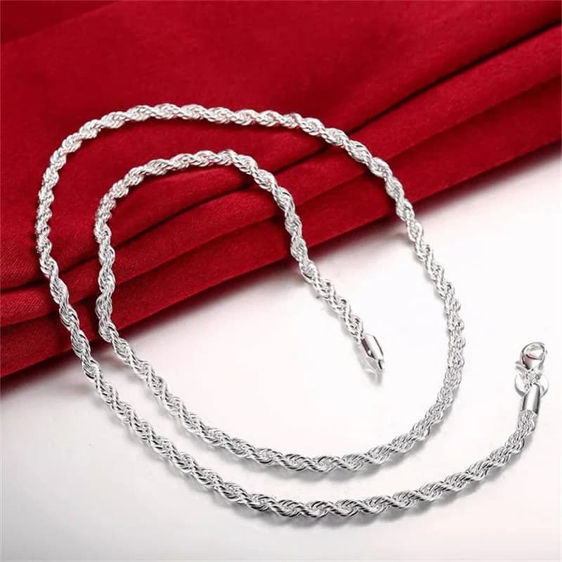 Hot Sale High Quality 925 Silver 4MM Women Men Chain Male Twisted Rope Necklace Bracelets Fashion Silver Jewelry Set