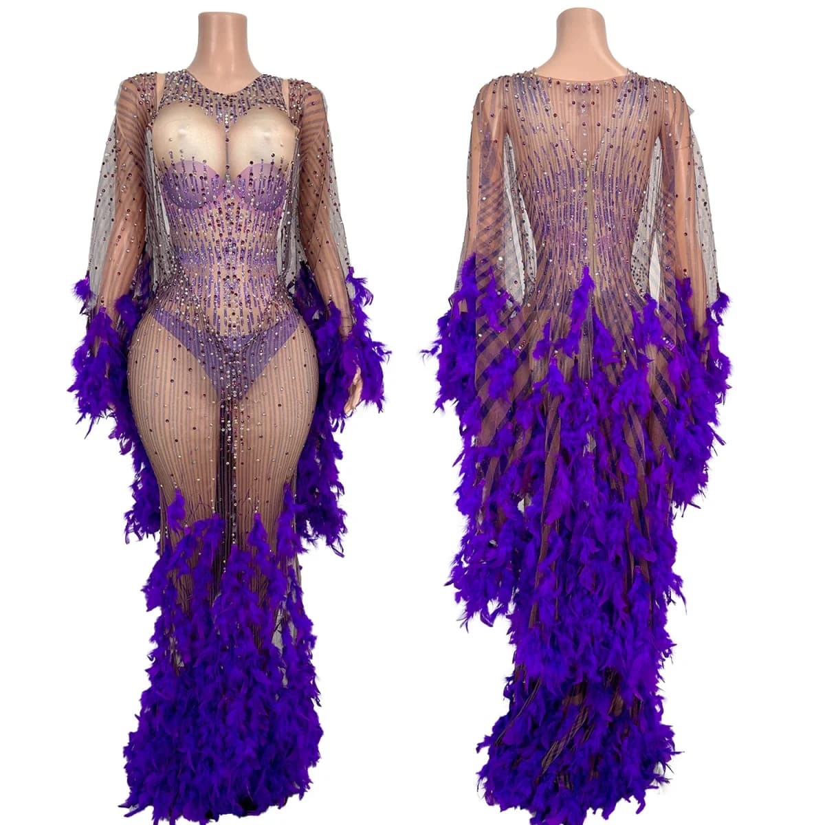 Carnival Dance Party Samba 2Pieces Set Women Sexy See Through Mesh Cloak Tight Fitting Jumpsuit Purple Feather Drag Queen Wear