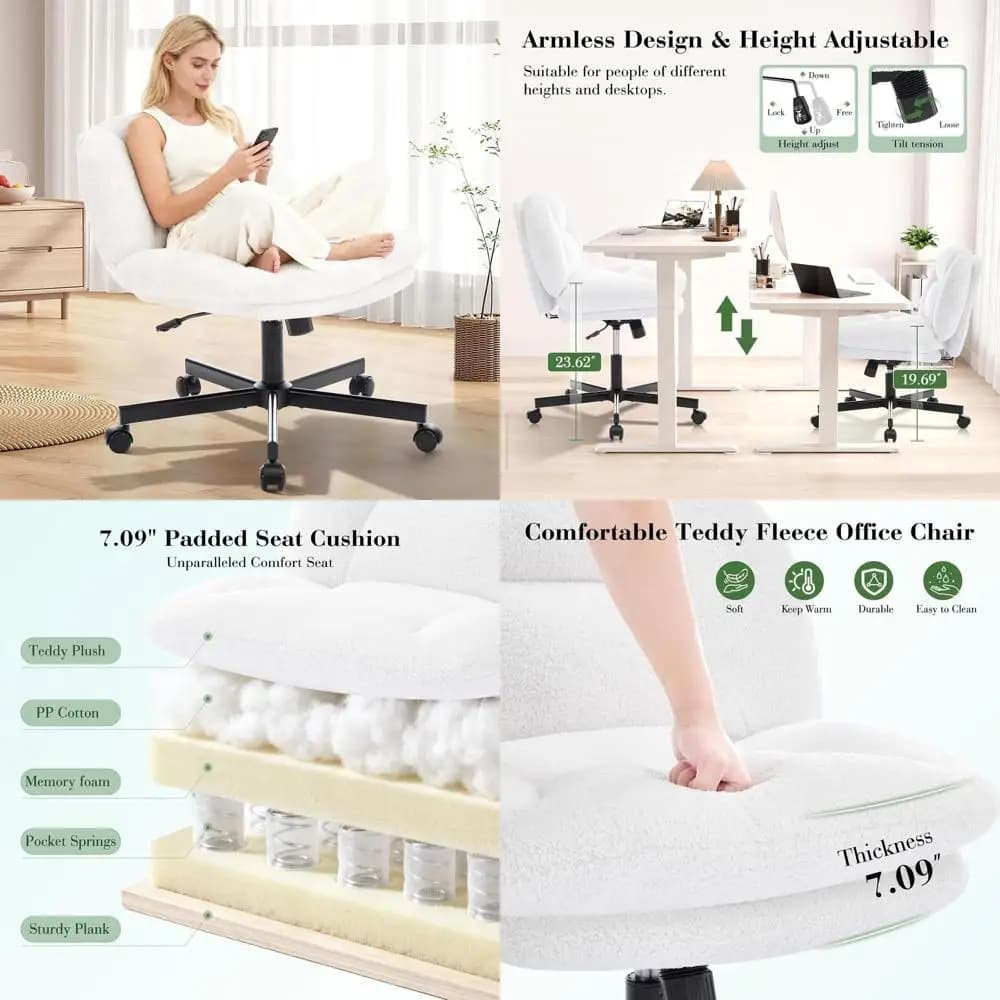 Sedia da Ufficio Ergonomica Girevole con Cuscino Spesso e Ruote, Adatta per Casa e Ufficio, Bianca