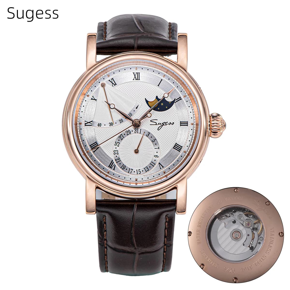 Sugess orologio da uomo meccanico automatico originale 2153 movimento fasi lunari potenza riservato orologi da polso resistenti all'acqua zaffiro nuovo