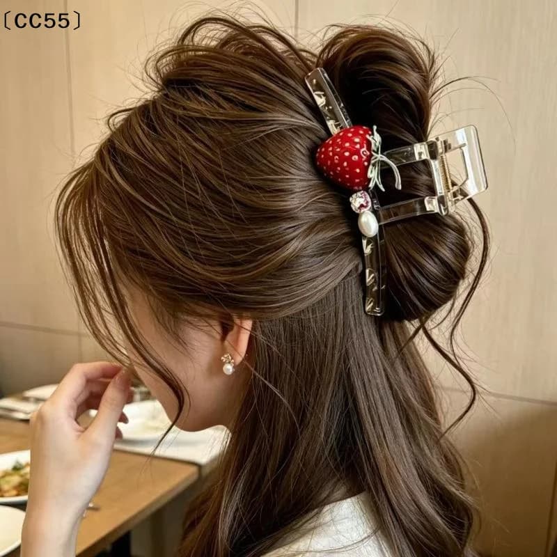 Polka Dot Hair Claw Clip With Strawberry Decor Non Slip Grip For Daily Party Womens Hair Accessory〔CC55〕