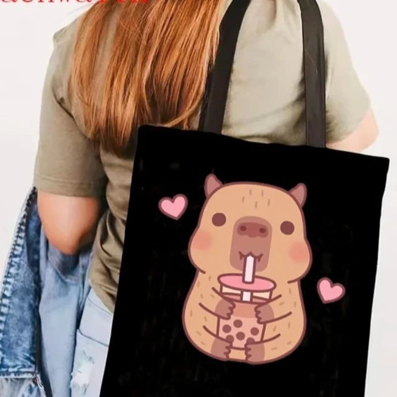 Borsa Tote in Tela 2026 da Donna e Uomo con Stampa Carina Capibara che Beve, Borsa a Spalla Casual Riutilizzabile per la Spesa Quotidiana e lo Streetwear Kawaii