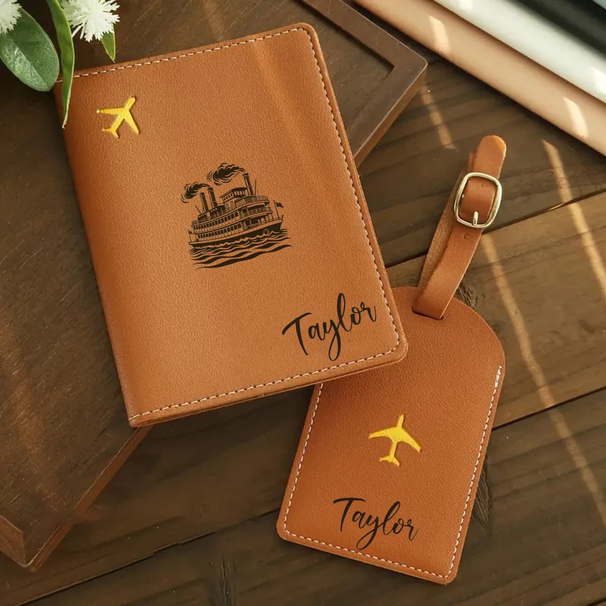 Set personalizzato con nome in stampa a caldo, clip per passaporto, set di etichette per bagagli, set da 2 pezzi, portafoglio da viaggio con combinazione di lettere dorate, fatto a mano, elegante