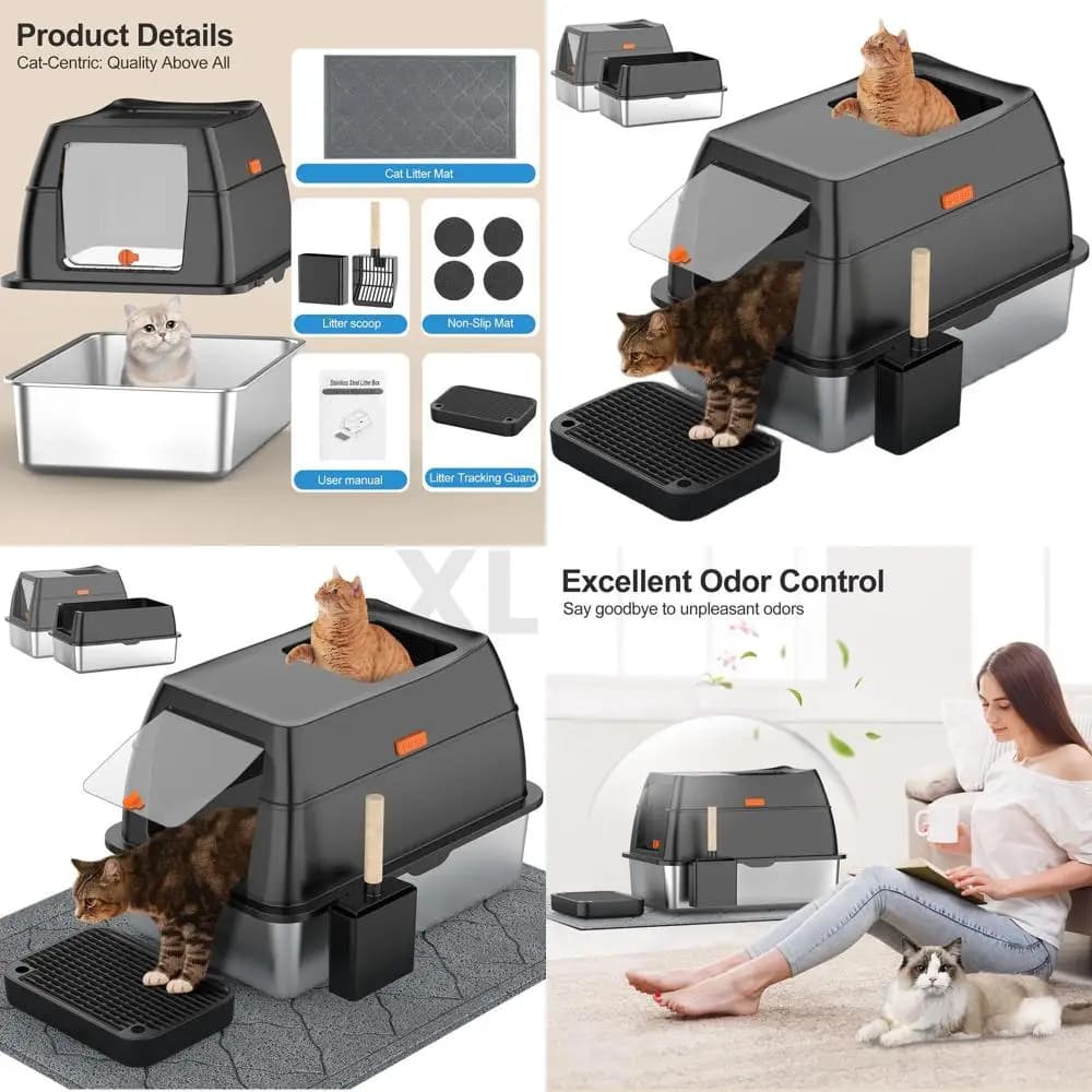 Lettiera per Gatti Extra Large Nera in Metallo Chiusa con Coperchio, Ingresso Frontale e Uscita Superiore, Include Paletta e Tappetino