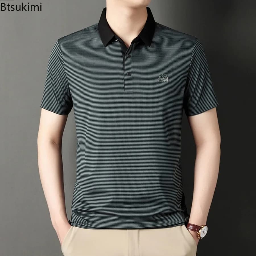 Polo a righe a maniche corte da uomo estive Camicie casual da lavoro larghe alla moda Top semplici e traspiranti per tutte le partite T-shirt da golf da uomo