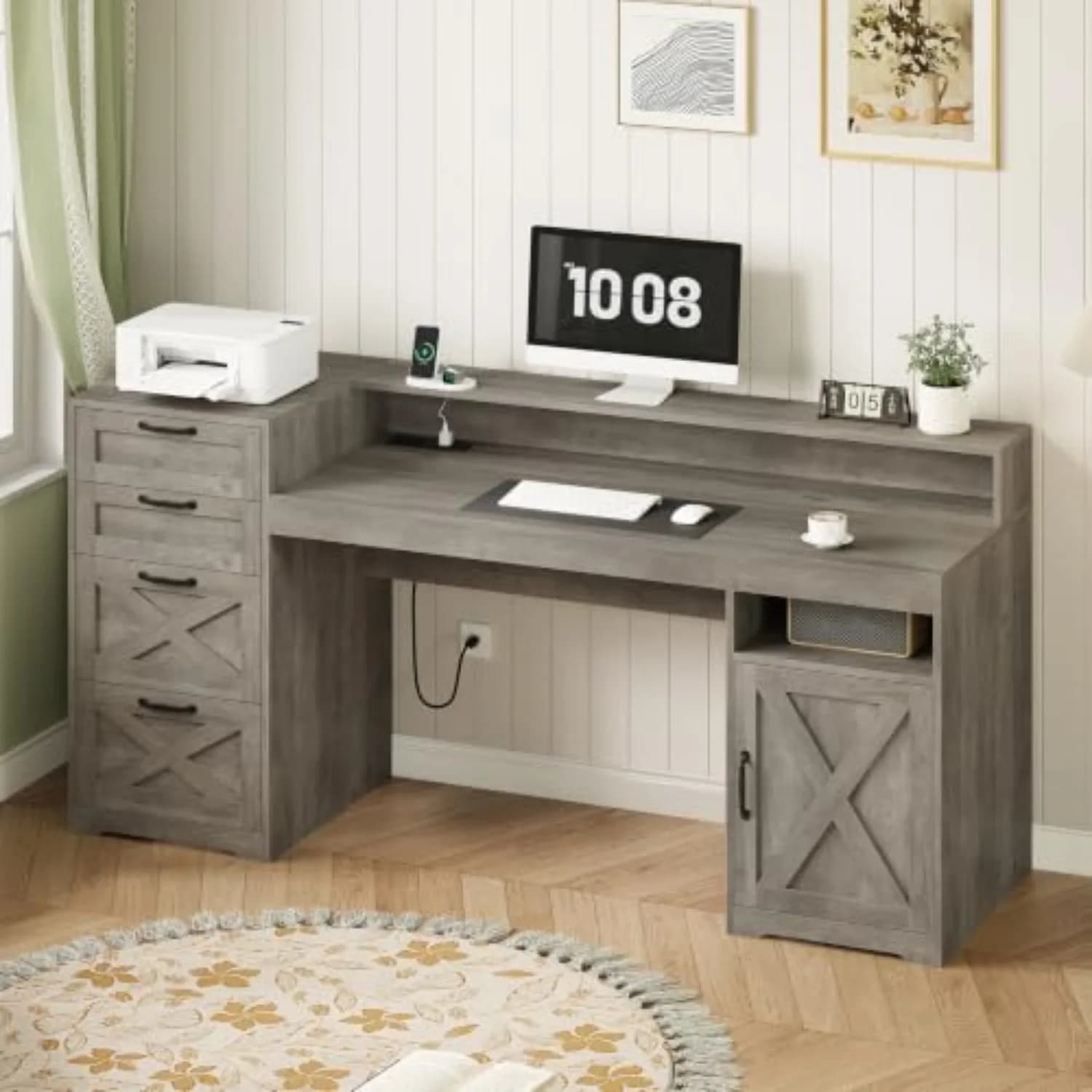 63" Farmhouse Computer Desk with 4 Drawers for Home Office, Bedroom | Executive Desk with Printer Shelf, Monitor Stand