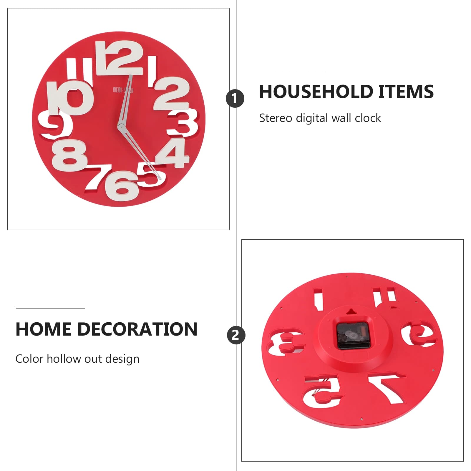 Novelty Red Round Wall Clock Hollow-Out 3D Big Digits Modern Design Home Office Decor Art Clock Powered Easy Wall Mount