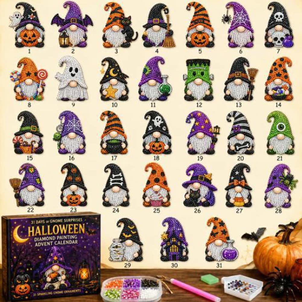 31 Days Of Gnome Surprises Halloween Diamond-Art Painting Advents Calendar Complete DIY Craft Kit Relaxing DIY Craft Activity