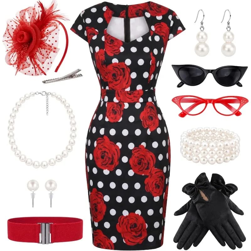 10PCS/SET Ladies Retro 1950s Dresses for Women, Vintage Polka Dot Pencil Bodycon Cocktail Tea Party Dress with Accessories Set