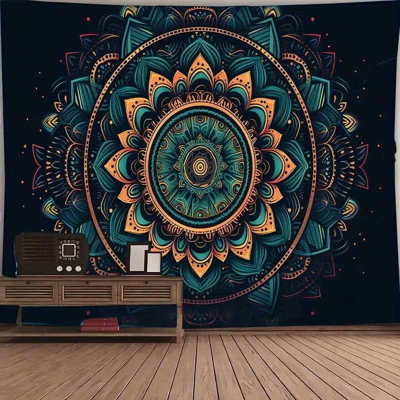 1PC Digital Printed Tapestry Wall Hanging, Blue Gold Mandala Pattern, Bohemian Zen Spiritual Room Wall Decor