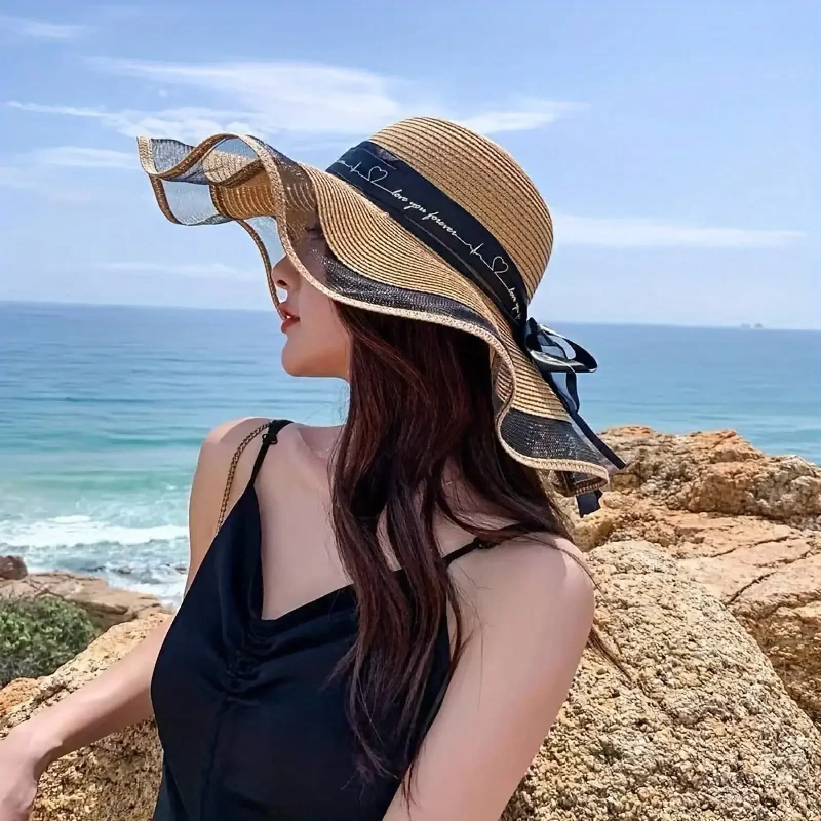Cappello da sole da donna in paglia a tesa larga, cappello da spiaggia intrecciato con fiocco a cupola, cappello curvo con protezione UV per esterni