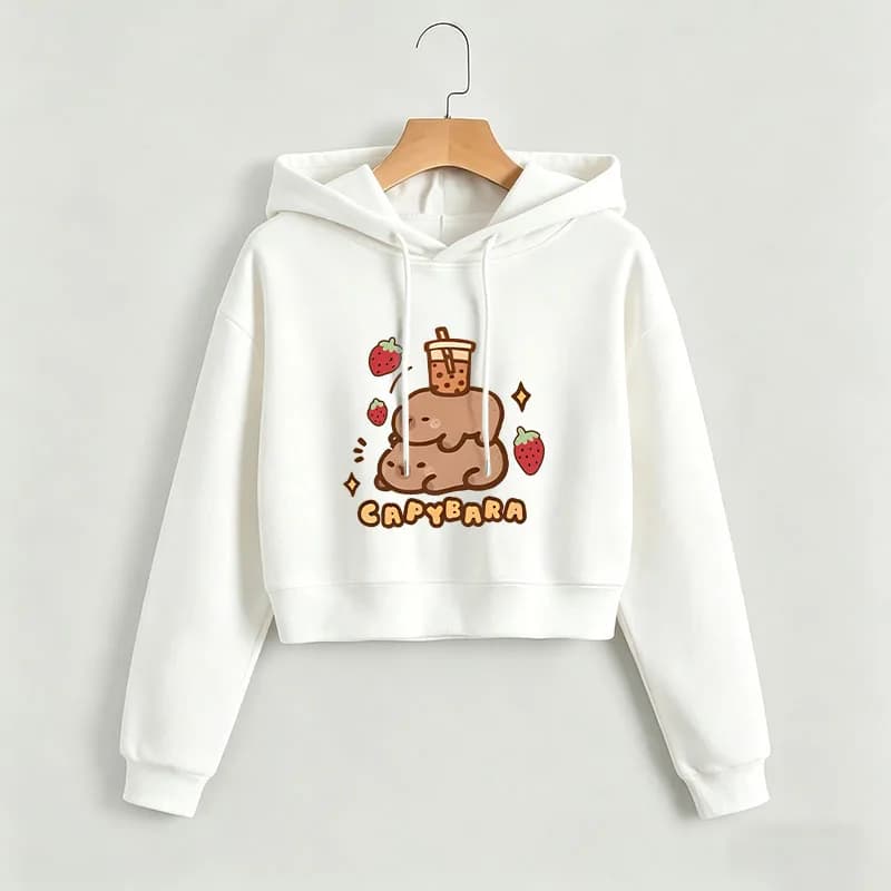 Felpa Corta con Cappuccio Stampa Capibara Fragola Cartone Animato Autunno Inverno - Top Corto Carino Stile Streetwear