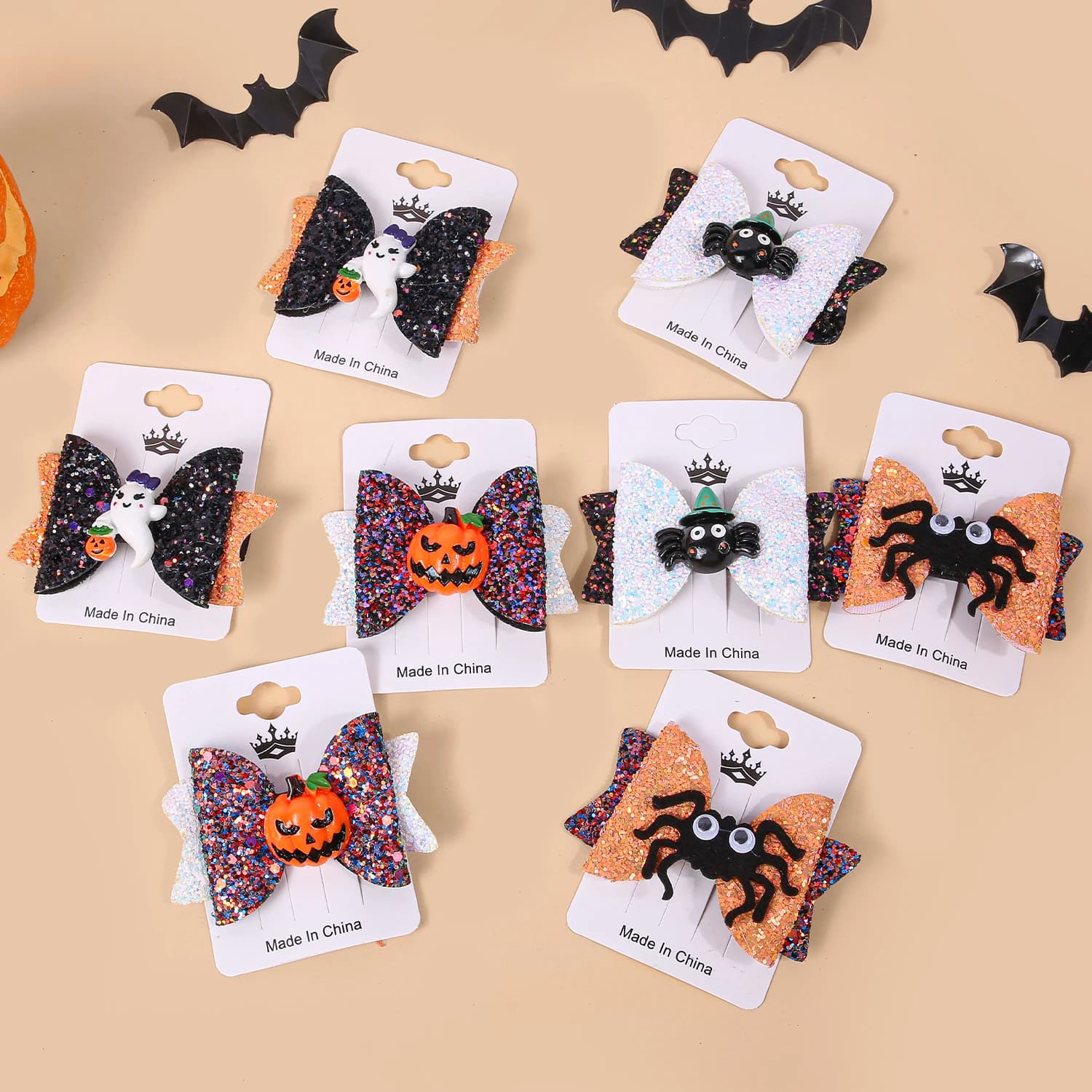 2PCS Glitter Hair Bows Clips Pumpkin Devil Hair Bows Clips Girls Halloween Festival Party Barrettes Clips Kids Hair Accessories