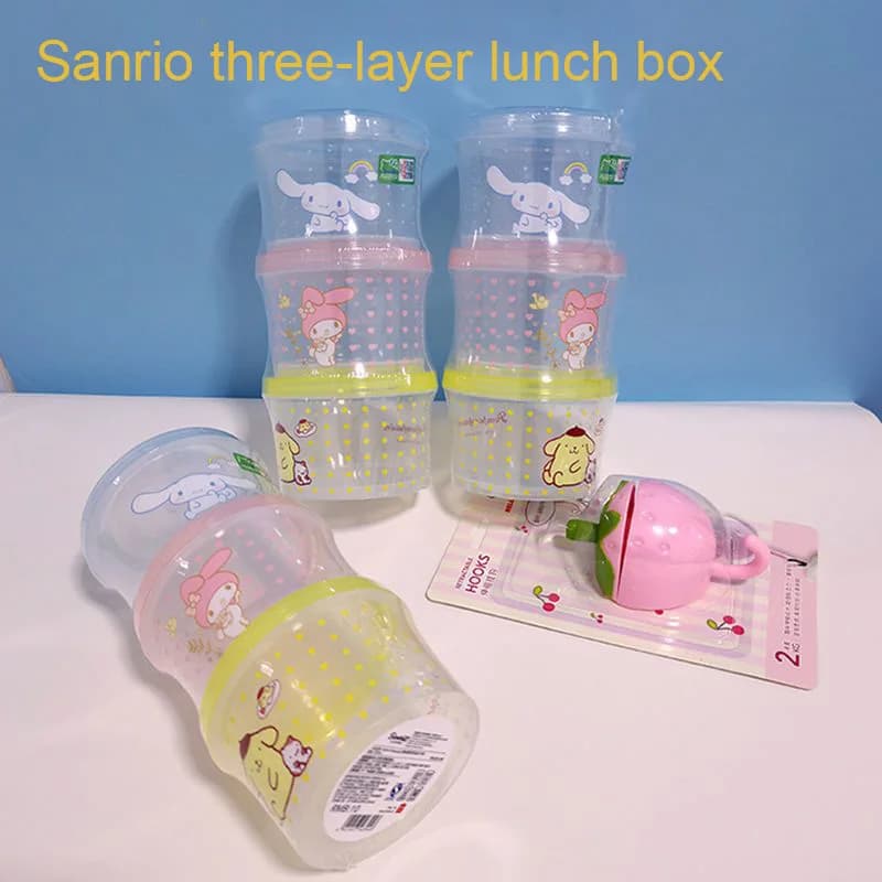 Set di 3 Contenitori per Alimenti Kitty Bento Box, Carini Contenitori Impilabili con Coperchio, Scatola Pranzo Rotonda per Idea Regalo