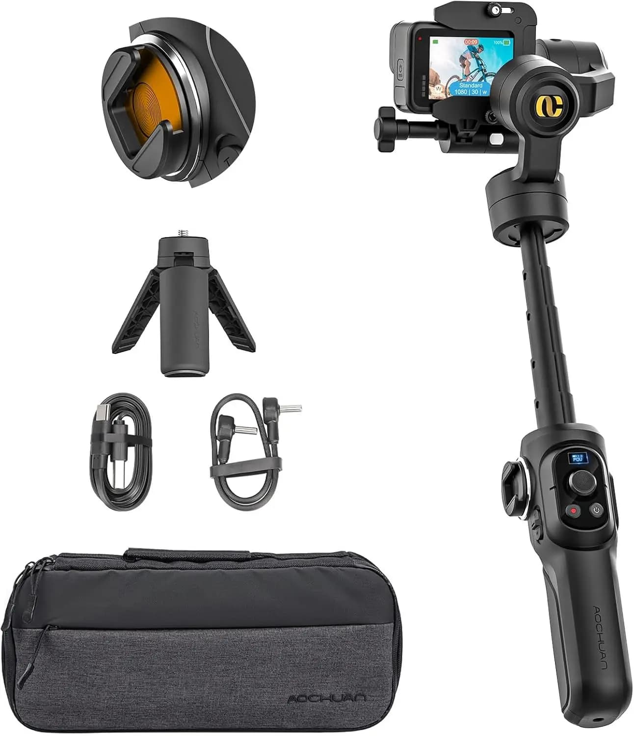 3-Axis Handheld Stabilizer for Action Camera with Built-in 19cm Extension Rod, Video Recording Support for Sport Cameras, Handheld Gimbal
