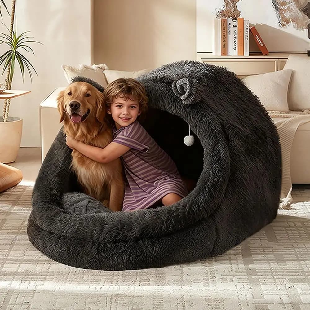 Cuccia Jumbo in Peluche per Animali Domestici - Extra Large 55"x43"x35" Grigia, per Cani e Gatti o Umani e Animali, con Cuscino e Coperta Rimovibili, Lavabile in Lavatrice