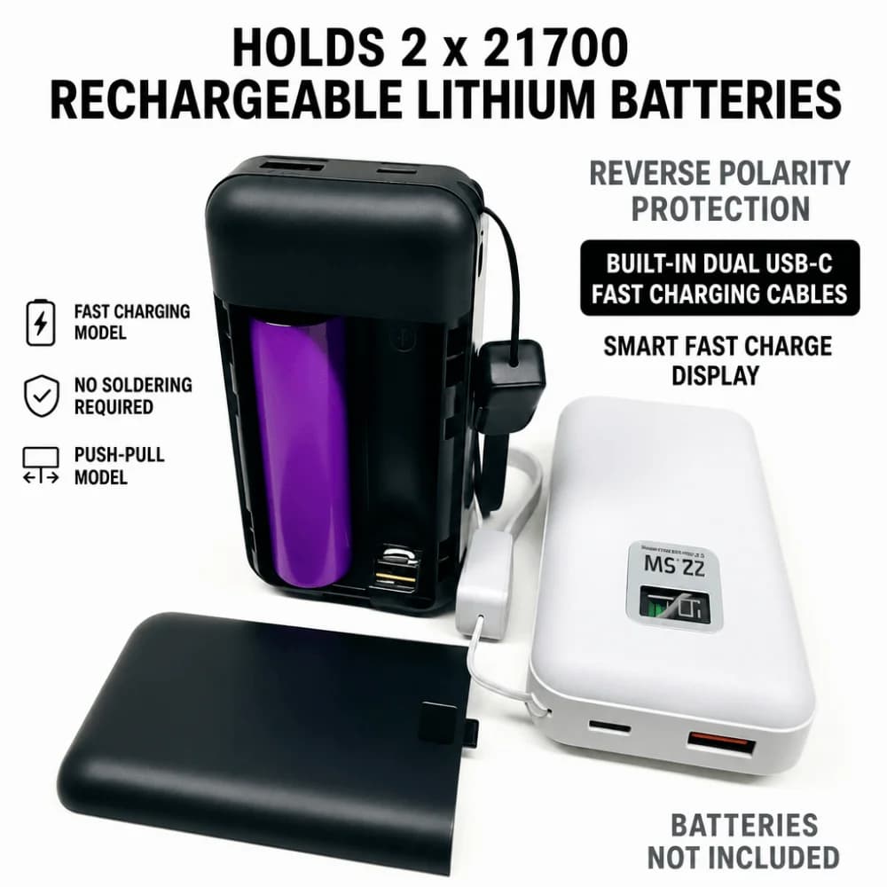 New For 2pcs 21700 Batteries Power Bank Case Detachable Empty DIY Power Bank Kit Empty Battery Box (Batteries Not Included)