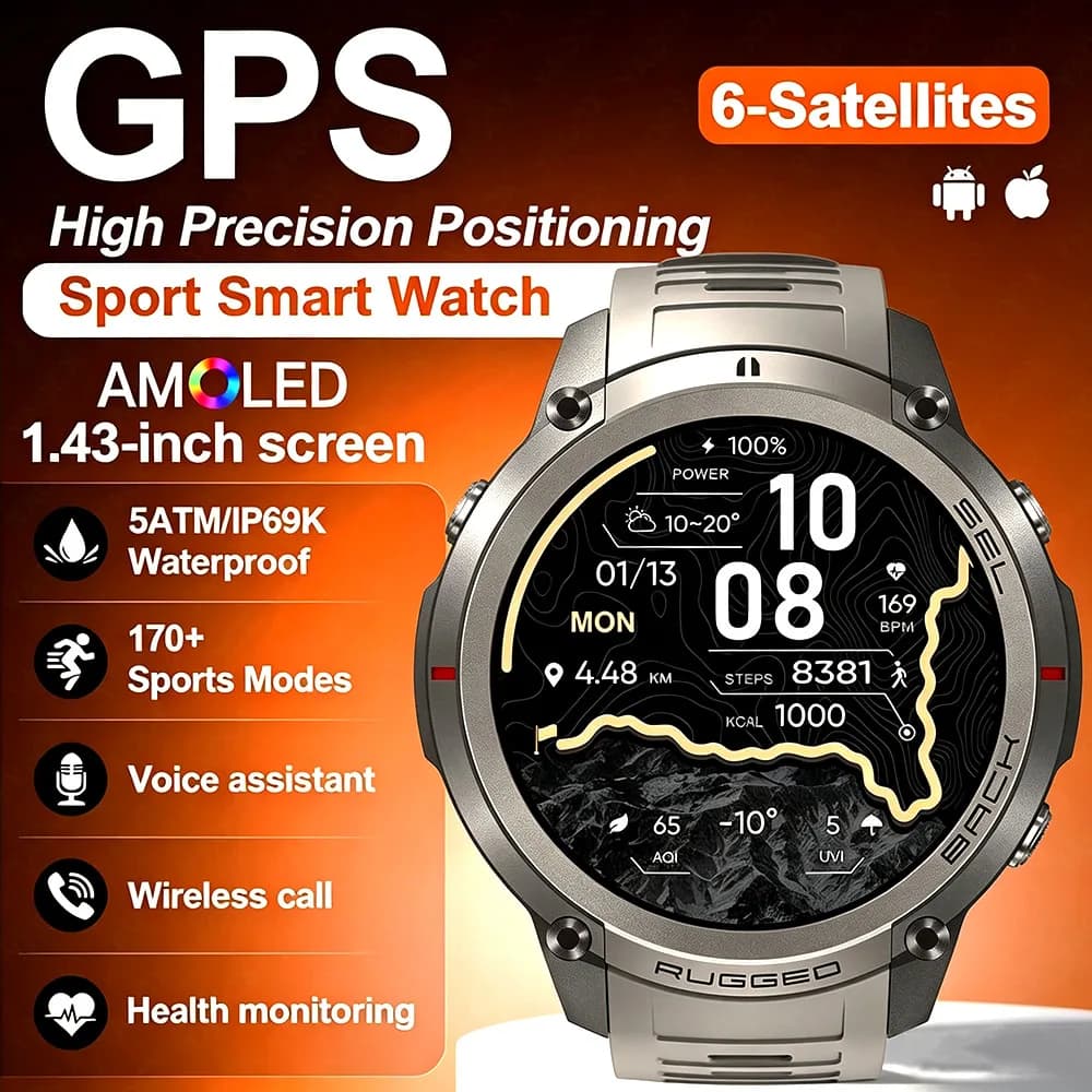 Nuovo Smartwatch GPS 2026 con Navigazione, per Uomo e Donna, 500 mAh, Schermo AMOLED da 1,43 Pollici, Impermeabile 5ATM, Sportivo, con Chiamate BT