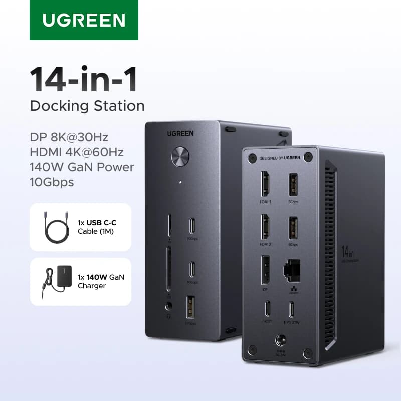 UGREEN Docking station USB HUB 14 in 1 da tipo C a 4K120Hz DP 4K60Hz 2xHDMI SD/TF RJ45 10Gbps USB-A/C PD Ricarica DC per PC portatile