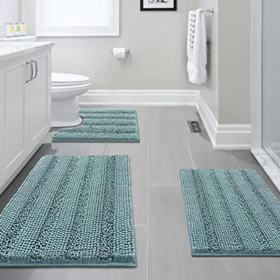 Set di 3 Tappetini da Bagno Spessi a Righe, Antiscivolo, Morbidi e Assorbenti per Vasca, Doccia e Toilette
