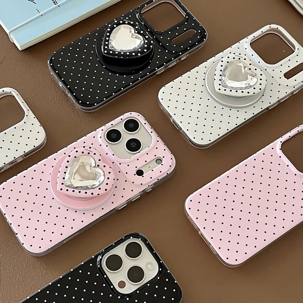 Custodia Protettiva Antiurto con Cuore a Pois e Gemma, Supporto Magnetico per Ricarica Wireless, per iPhone 17 16 15 14 Pro Max