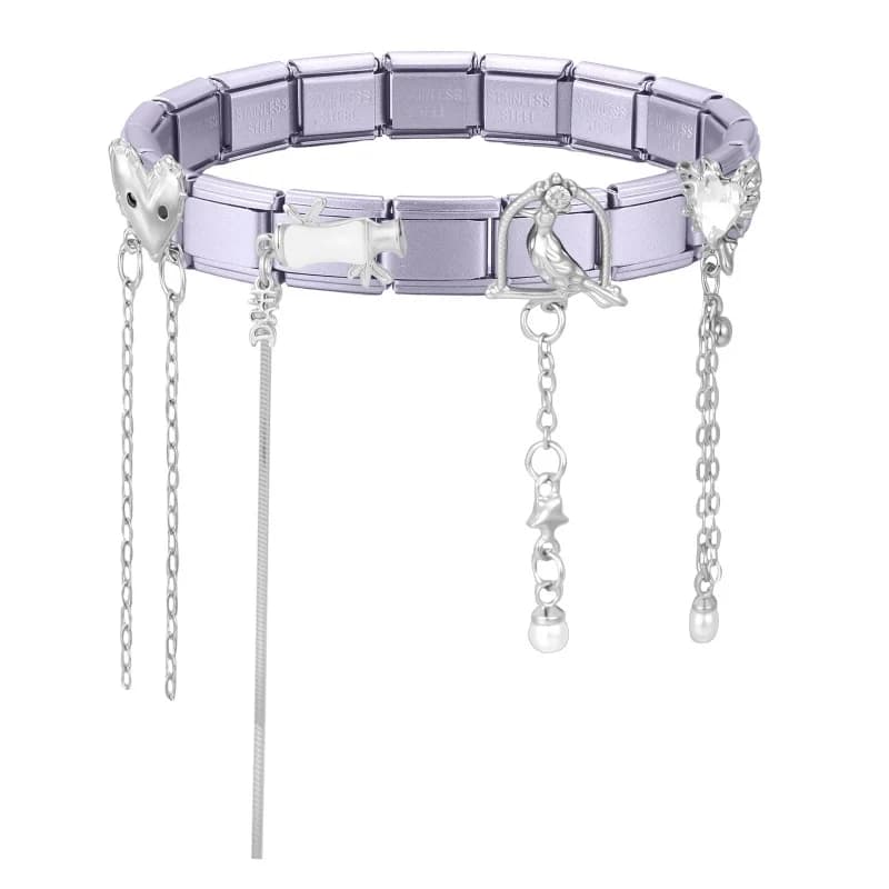 Y2K Long Chain Charm Star Bow Heart Heart Lock Purple Italian Charm Links Fit 9mm Stainless Steel Bracelet DIY Making Jewelry
