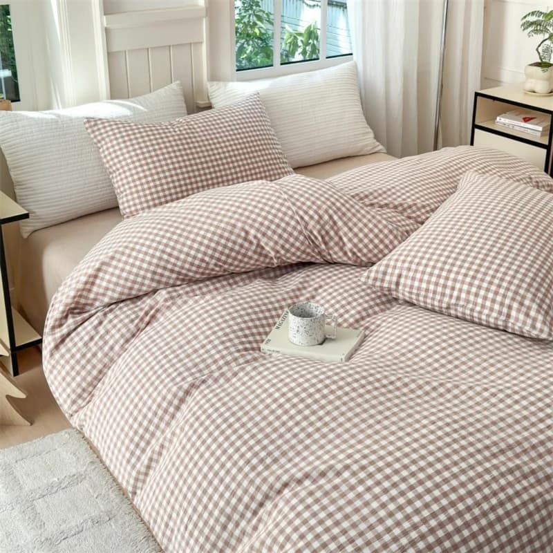 Set lenzuola da 3 pezzi in stile semplice set copripiumino scozzese cammello, comodo set biancheria da letto copriletto per tutte le stagioni