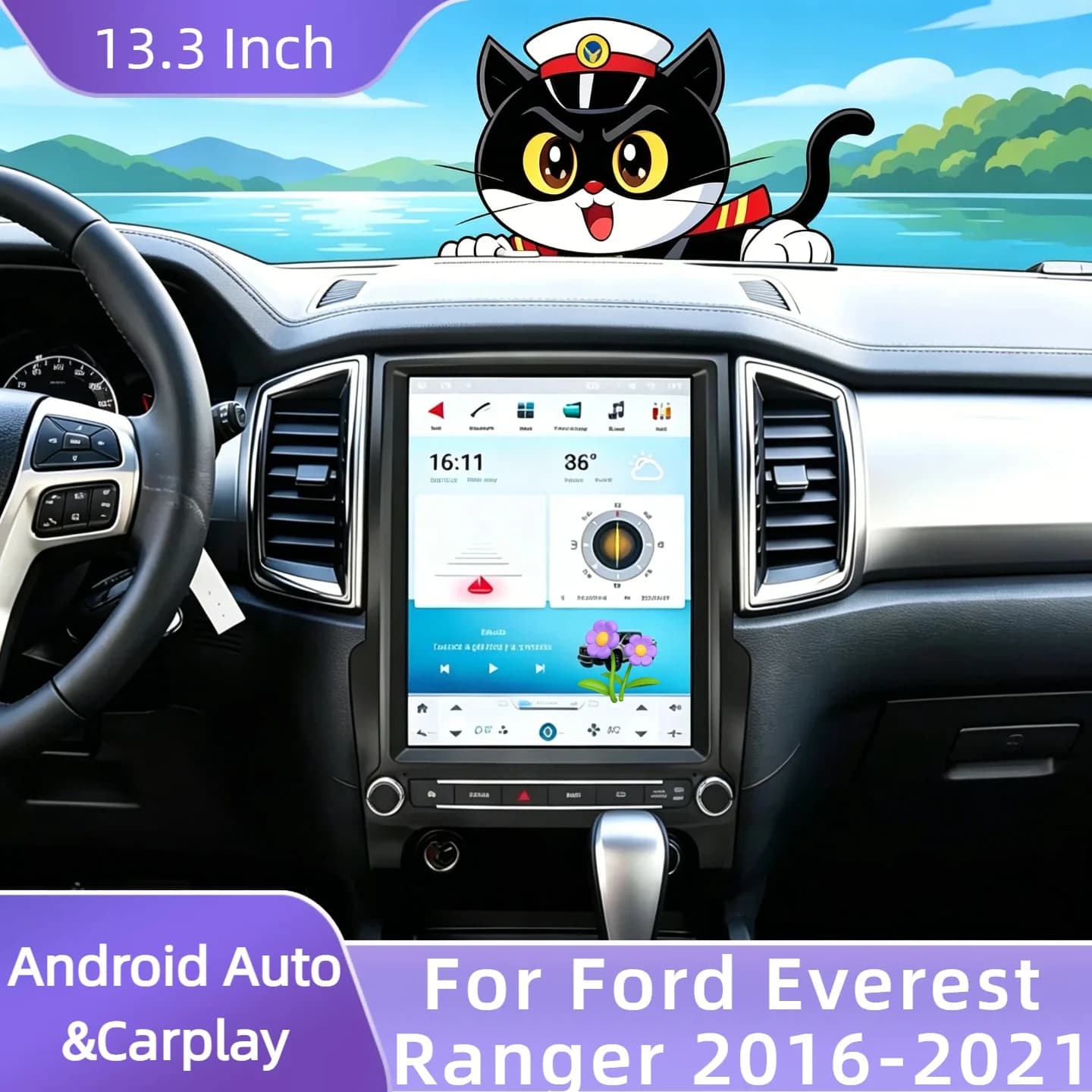 Android 14 Carplay Auto Car Radio 13.3'' For Ford Everest Ranger 2016-2021 Automotive Multimedia Screen Bluetooth GPS Head Unit