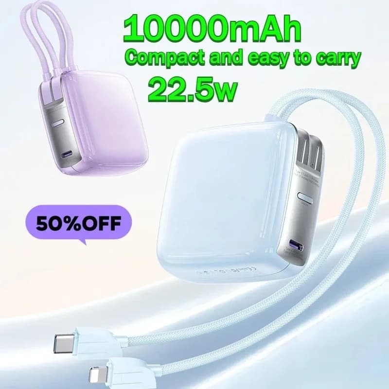 Power Bank Portatile da 22.5W 10000mAh con Cavo di Ricarica Rapida Integrato, Compatto e Facile da Trasportare