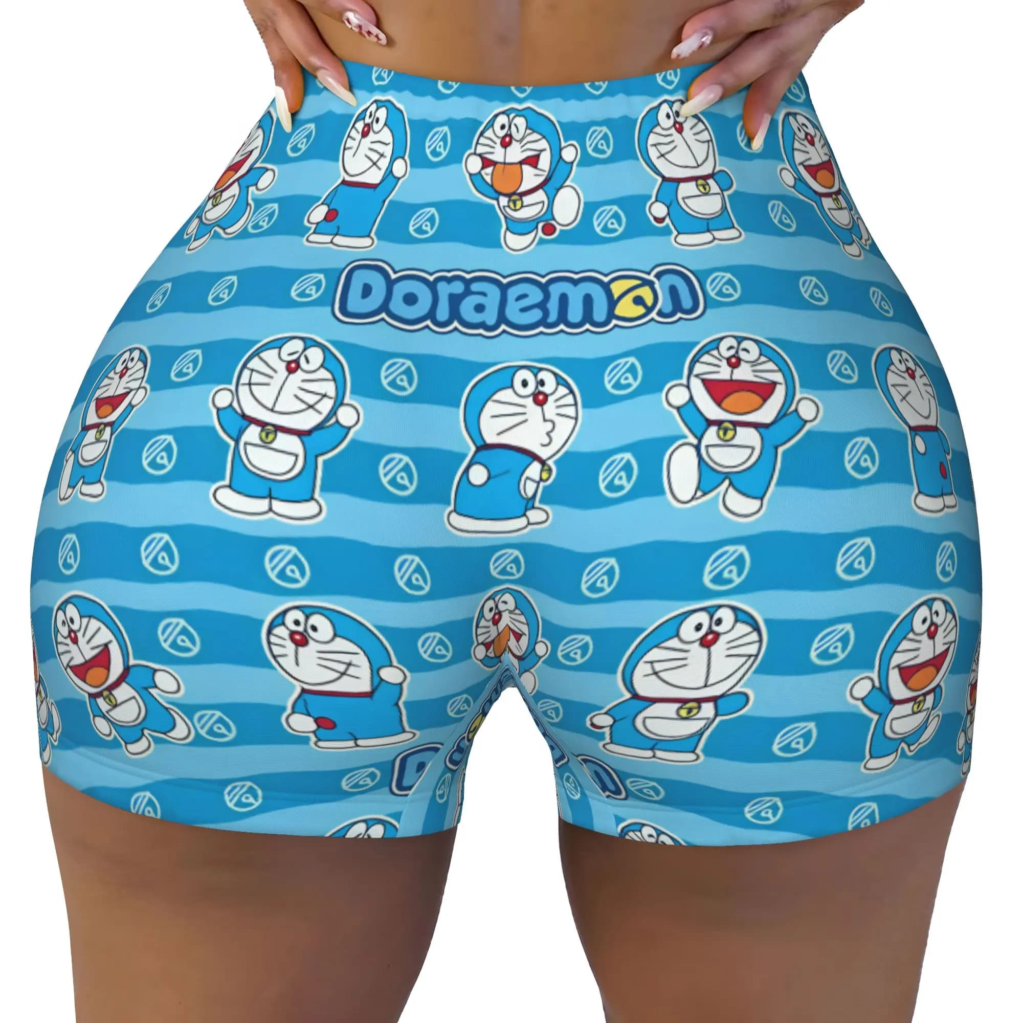 Women's Doraemon Wavy Stripes Workout Yoga Shorts Gym Athletic Running Volleyball Shorts