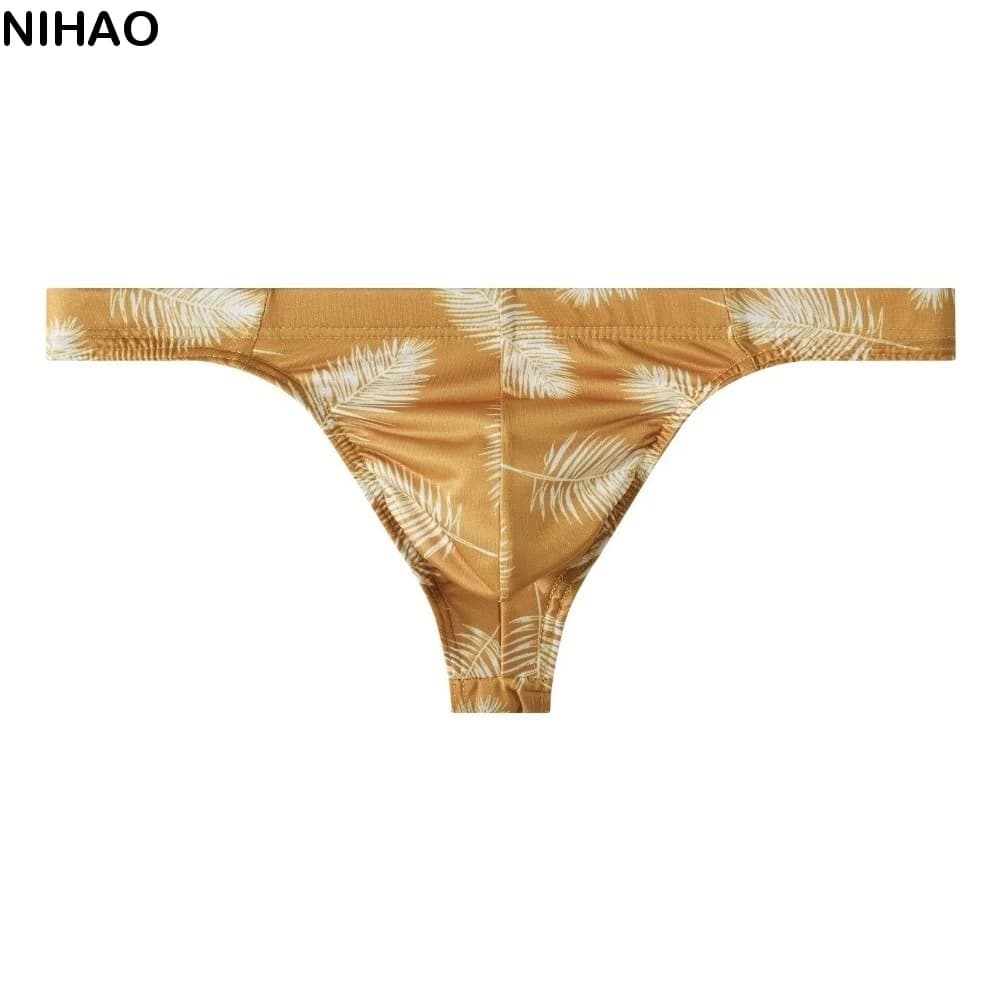 Fashion Ice Silk Men Thongs Low Waist Seamless Underwear Feather Print Men Panties Sports