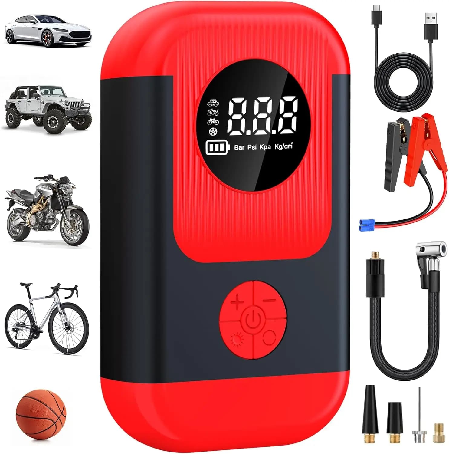 Compressore d'Aria Portatile e Avviatore d'Emergenza per Auto, Pompa d'Aria Senza Fili con Luce LED e Manometro per Auto e Moto