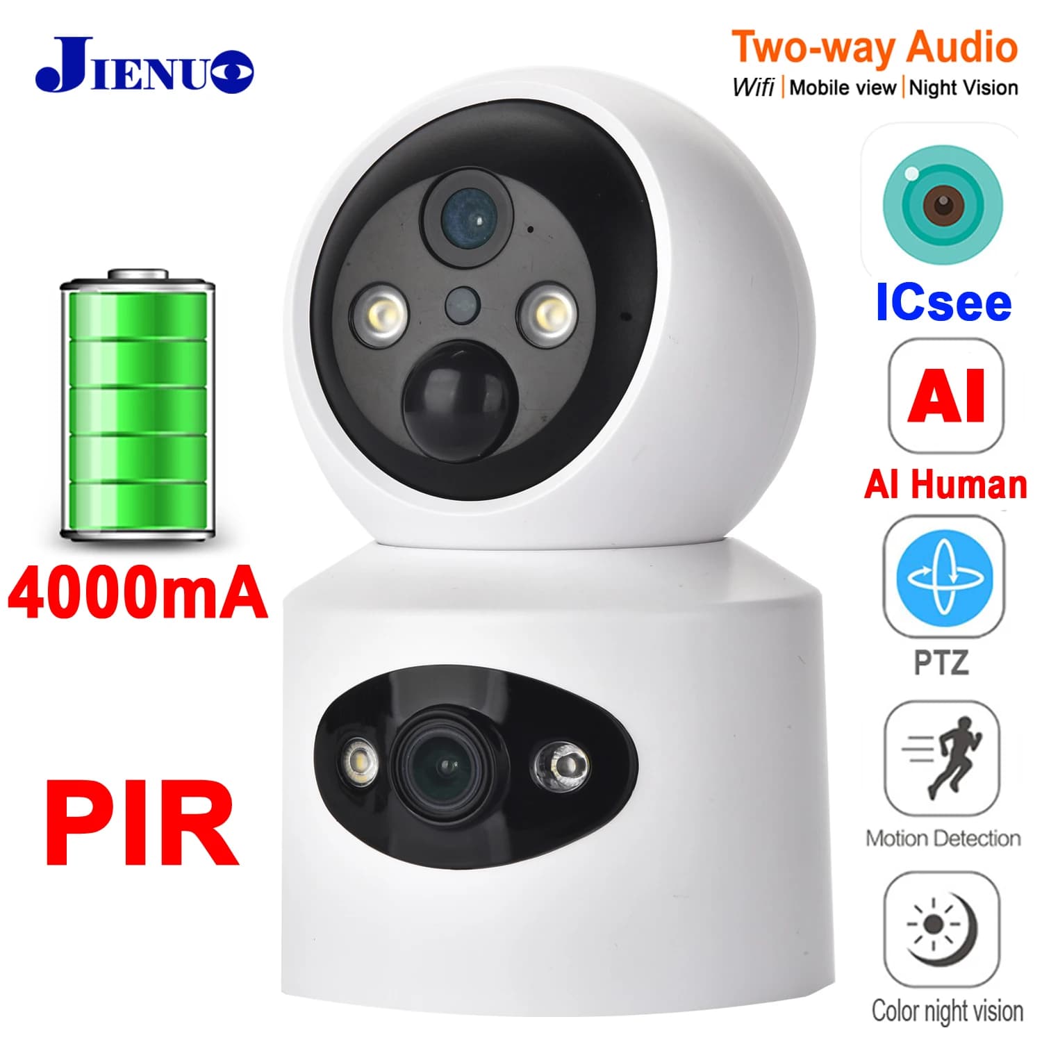 Telecamera IP PTZ a doppia lente 4000 mA batteria Wireless Auto Track Cctv Security Surveillance Video Full Color Night Vision HD Home Cam