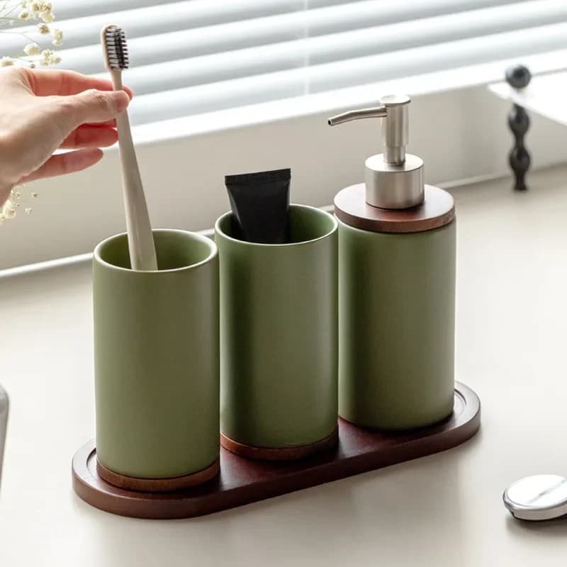 Ceramic Lotion Bottle Mouthwash Cup Toothbrush Holder Bathroom Pump Soap Dispenser Oak Joint Soap Dispenser Bathroom Accessories