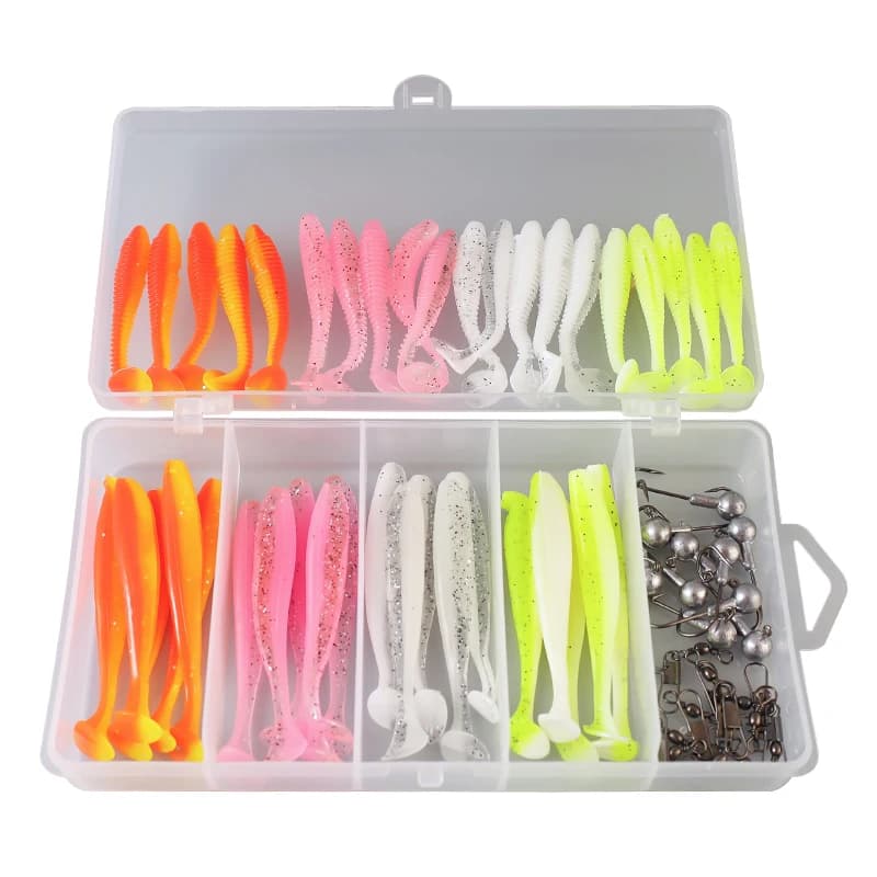 61 Pz/set Rectangular Soft Fishing Kit 6 cm/7.5 cm 1.3g/2g Jig Head Hook 3 cm 3.5g Fishing hooks with Swivel box fishing gear