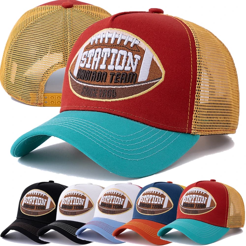 Vendita calda unisex modello calcio maglia cappello da camionista estate traspirante berretto baseabll berretto snapback ricamato per uomini e donne