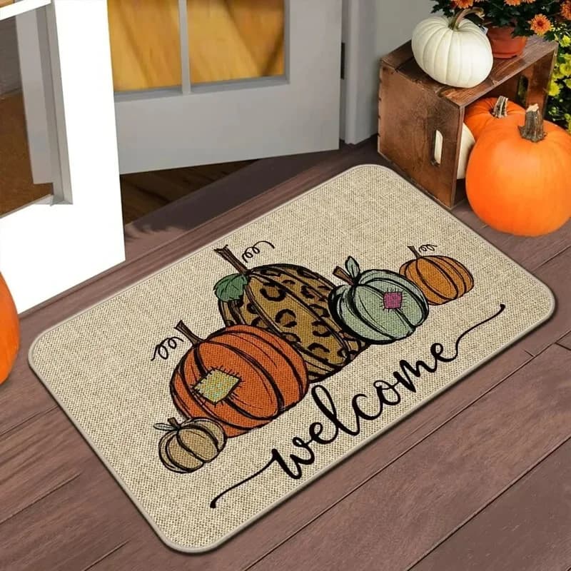 VIKAMA Autumn Leopard Pumpkin Welcome Doormat Anti-slip Wear-resistant Harvest Thanksgiving Front Entrance Decor Floor Mat