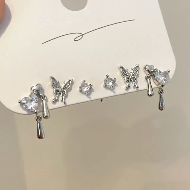 Y2K 6Pcs/set Silver Color Rhinestone Butterfly Stud Earrings for Women Fashion Punk Heart Earring Sets 2026 Trendy Jewelry Gifts